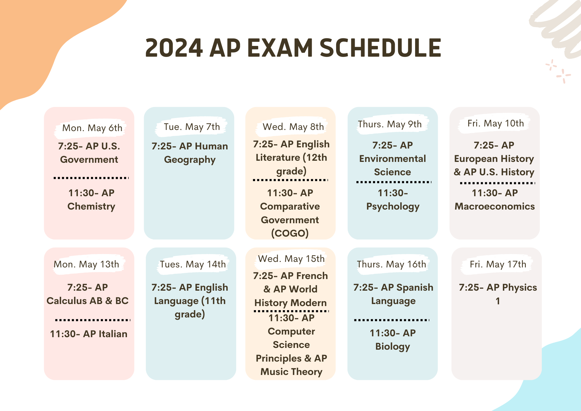 Calendar with dates of each AP test Hylton is offering in May