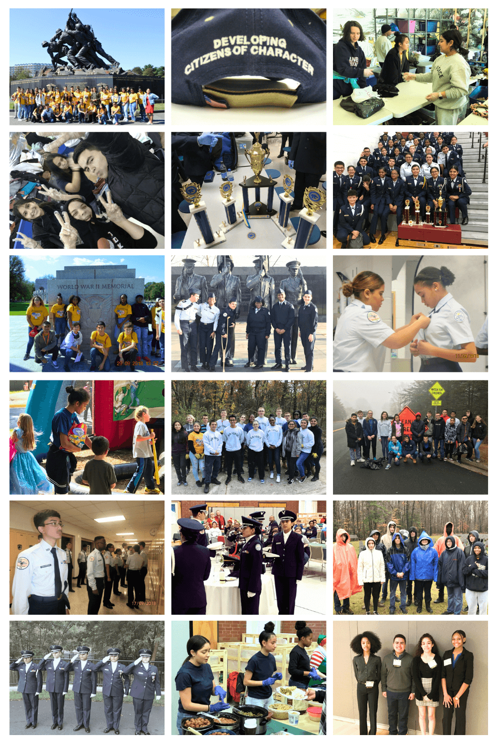 A collage showcasing various community service and youth development activities, featuring participants in uniforms at events, award ceremonies, and interactive learning experiences.
