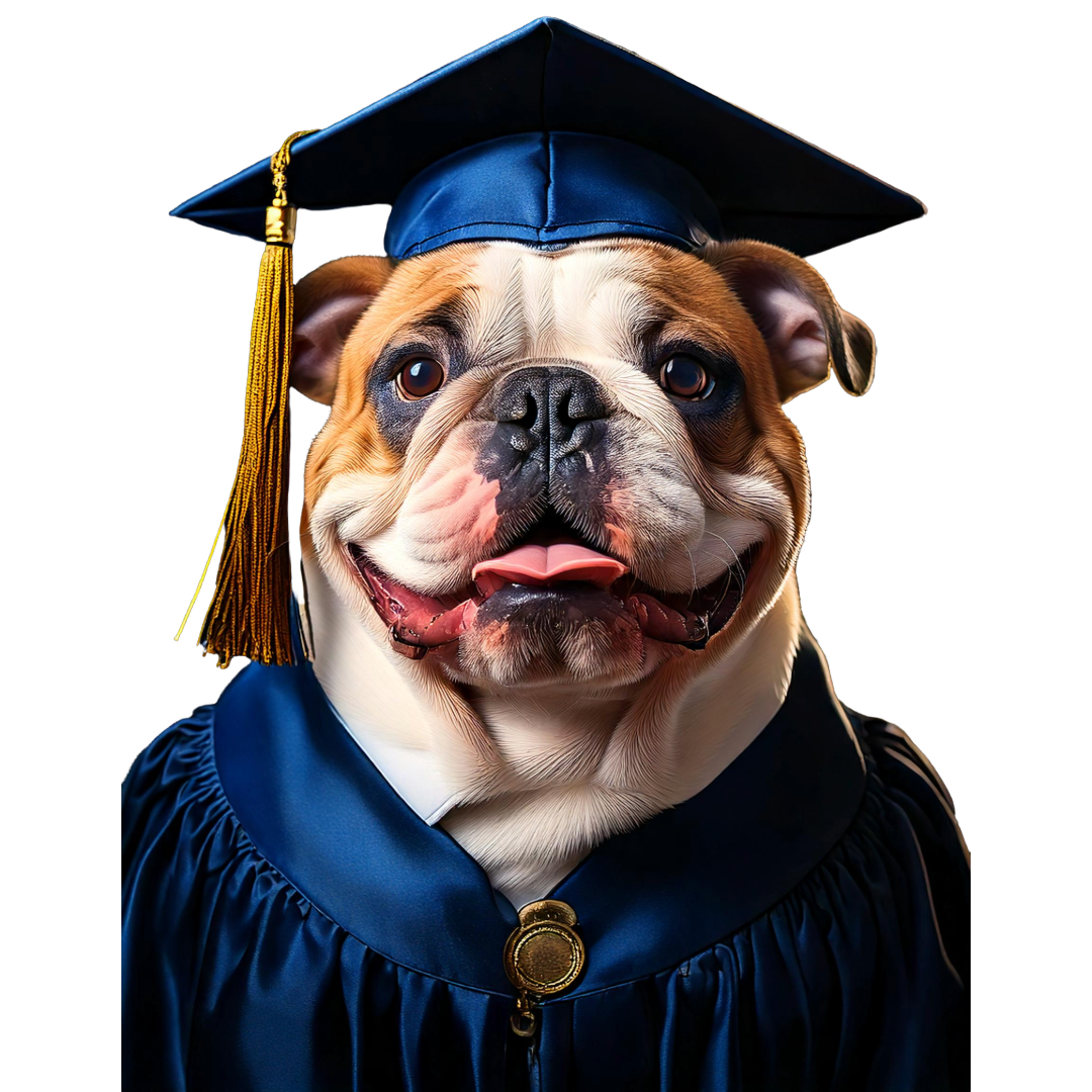 Bulldog wearing a Cap and Gown