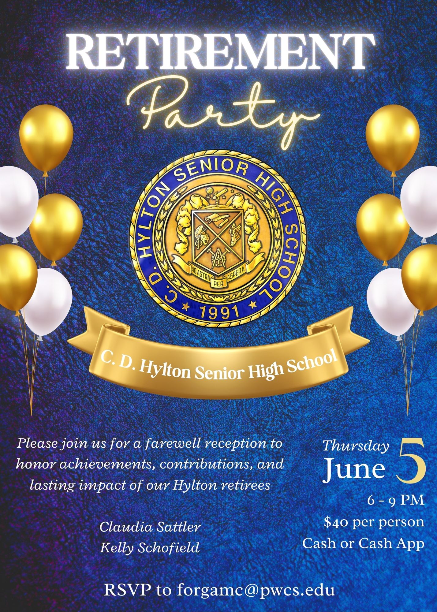 Retirement Party - Please join us for a farewell reception to honor Claudia Sattler and Kelly Schofield on June 5 from 6-9pm. $40 per person. RSVP to forgamc@pwcs.edu