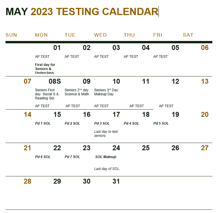 May Testing Calendar