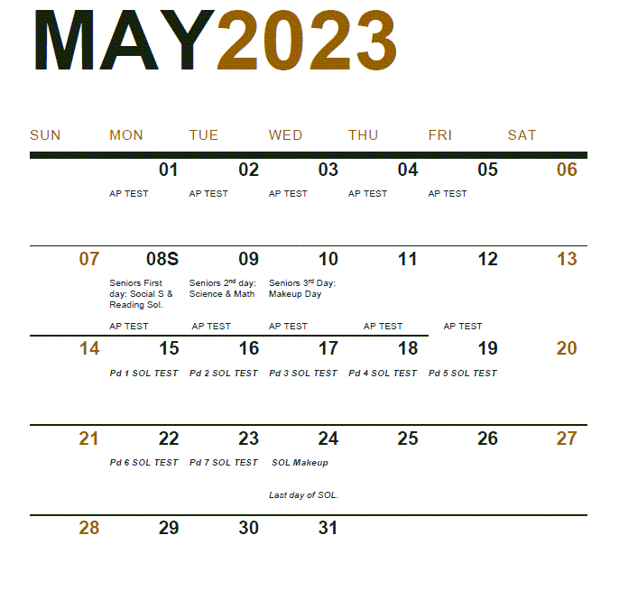 May Testing Calendar