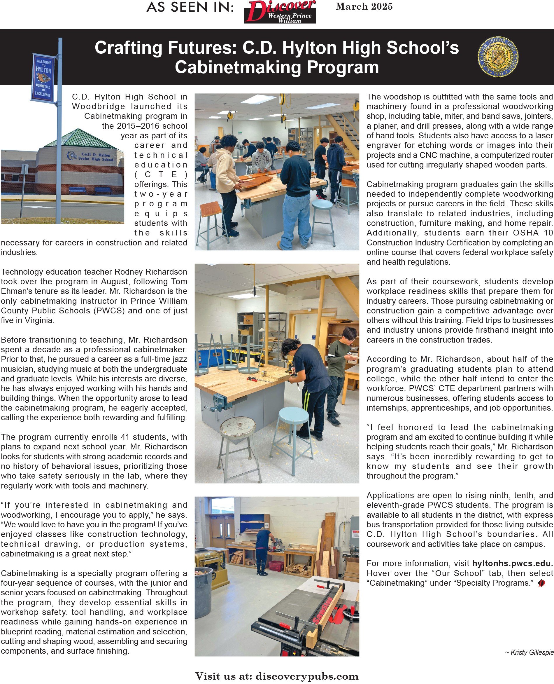 Article from Discover Western Prince William about the Hylton Cabinetmarking Program